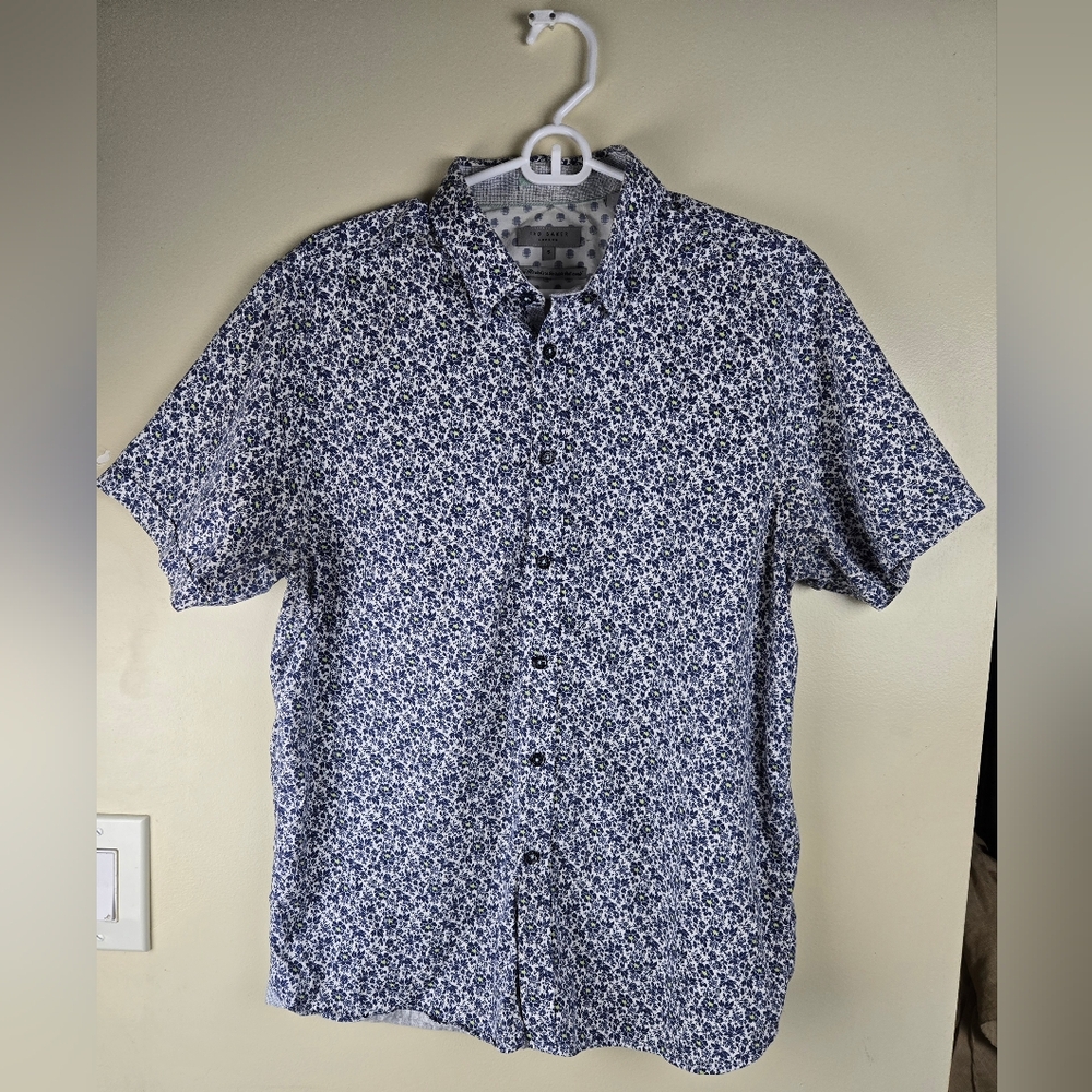 Ted Baker London Men's Blue Floral Print Shirt Size 5 Blue And White Button Down
